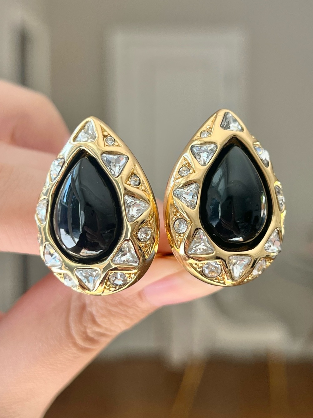 Authentic Vintage Dior Teardrop Black Glass Large Rhinestone Gold Clip Earrings